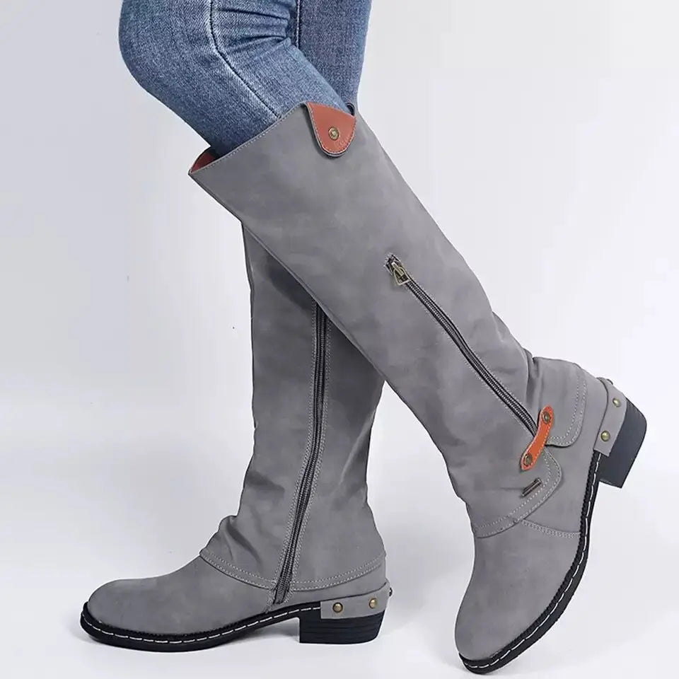 Kirsten | Bottes vintage à Genoux avec pochette à Fermeture éclair et talon aiguille à rivets